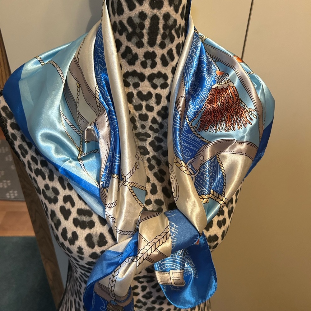 Silk Scarf with Nautical Print in Blue and Cream by Mosi